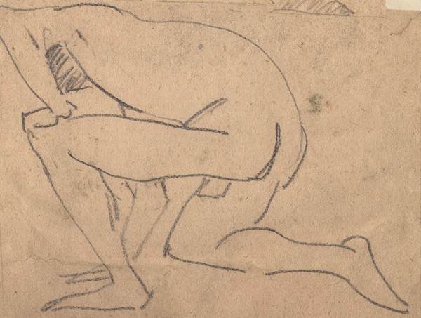 Наклонившийся обнажённый натурщик в повороте влево.