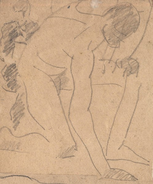 Наклонившийся обнажённый натурщик в повороте вправо.