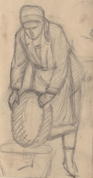 Стоящая женщина с тазом.