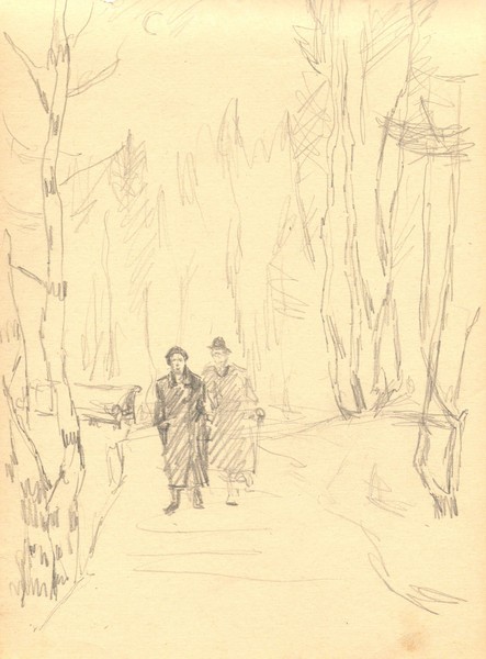 Лист из альбома. Пейзаж с фигурами. (На обороте "Пейзажи").