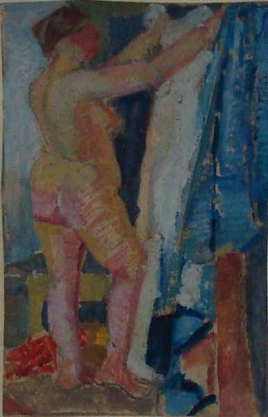 Фигура обнаженной женщины в рост с поднятыми руками.