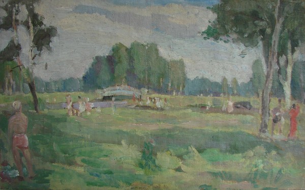 Река Пудость. У горбатого мостика. (На обороте: Деревенский пейзаж с лесом и речкой).