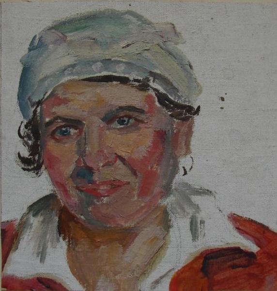 Портрет женщины в красном платье с белым воротником.