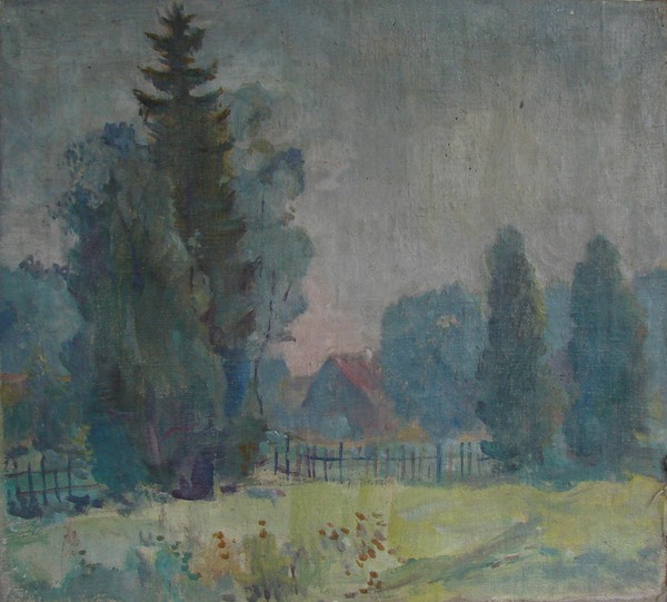 Мариенбург. Утром. (На обороте: Этюд с изображением рисующего в хвойном лесу).